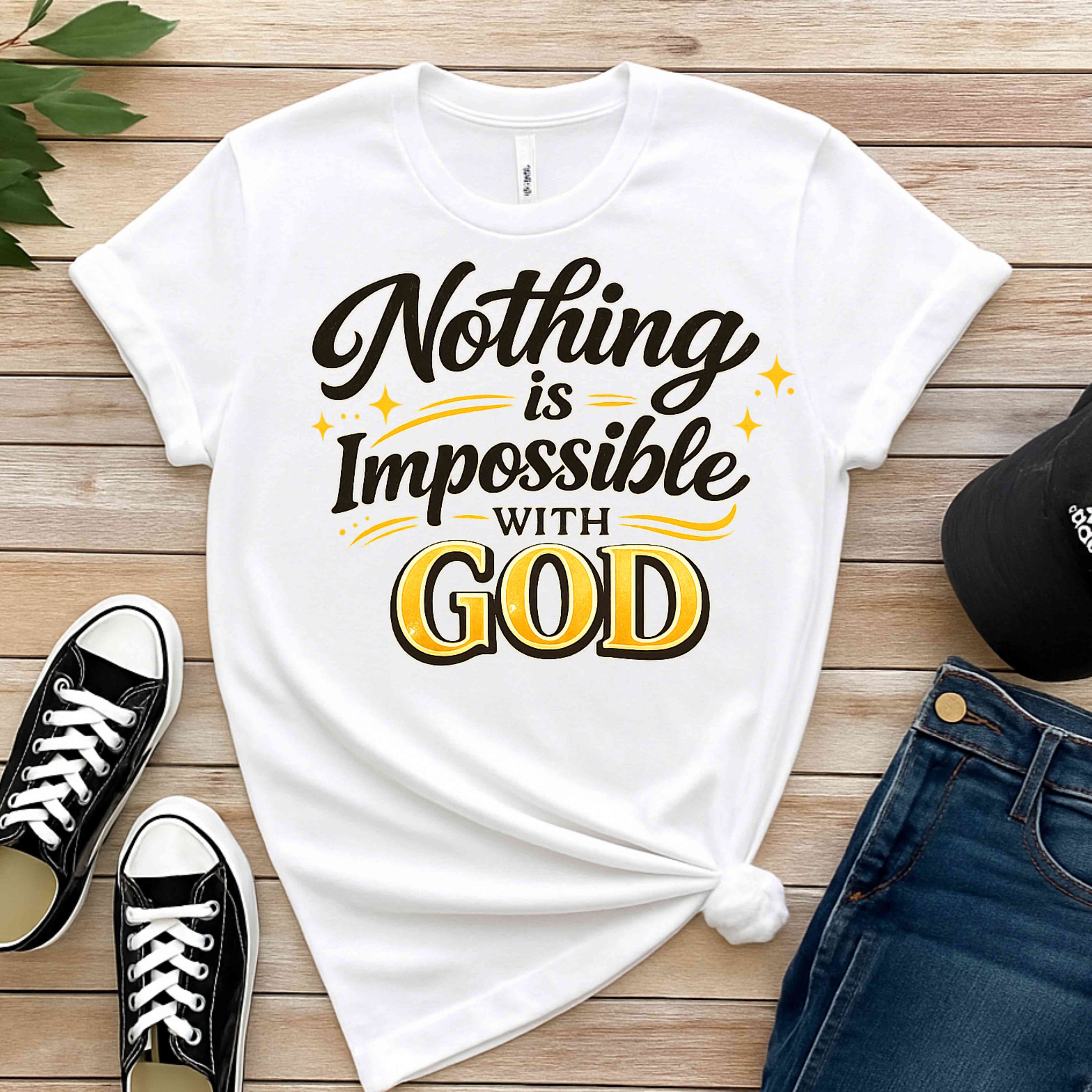 Nothing Is Impossible with God shirt flat lay mockup