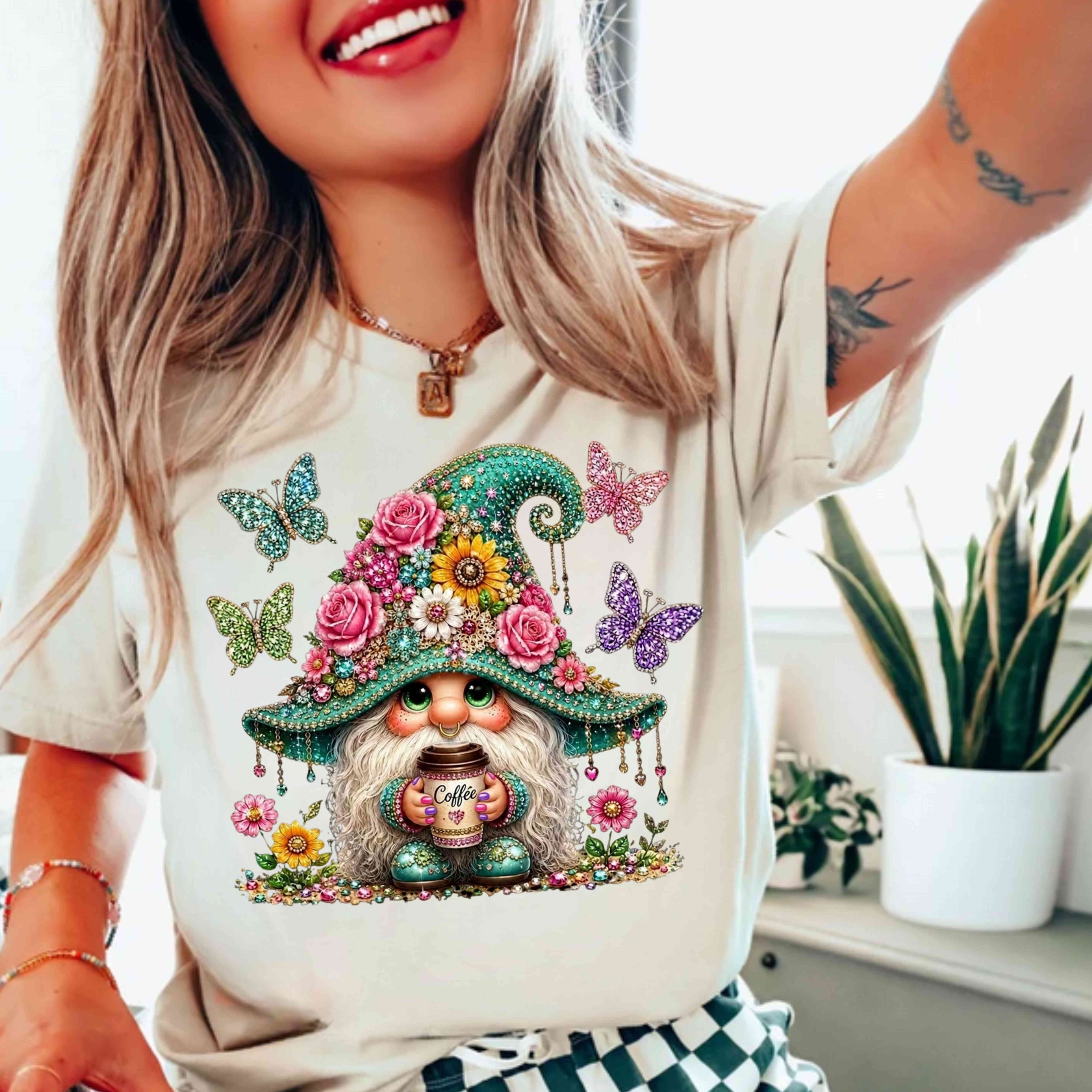 Whimsical Floral Coffee Gnome T-Shirt | Cute Coffee Lover Tee | Spring Cottagecore Shirt | Botanical Gnome Graphic Tee