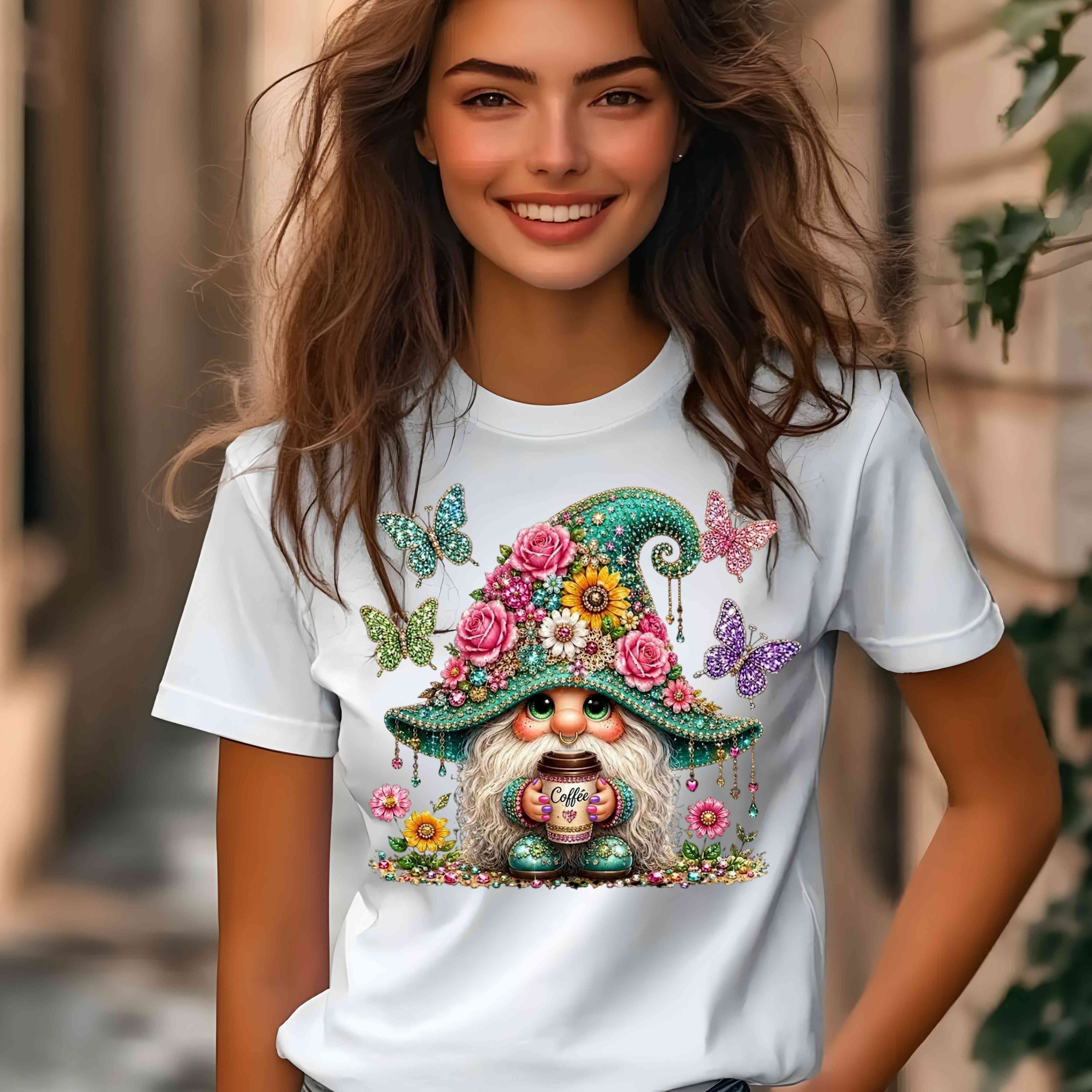 Whimsical Floral Coffee Gnome T-Shirt | Cute Coffee Lover Tee | Spring Cottagecore Shirt | Botanical Gnome Graphic Tee