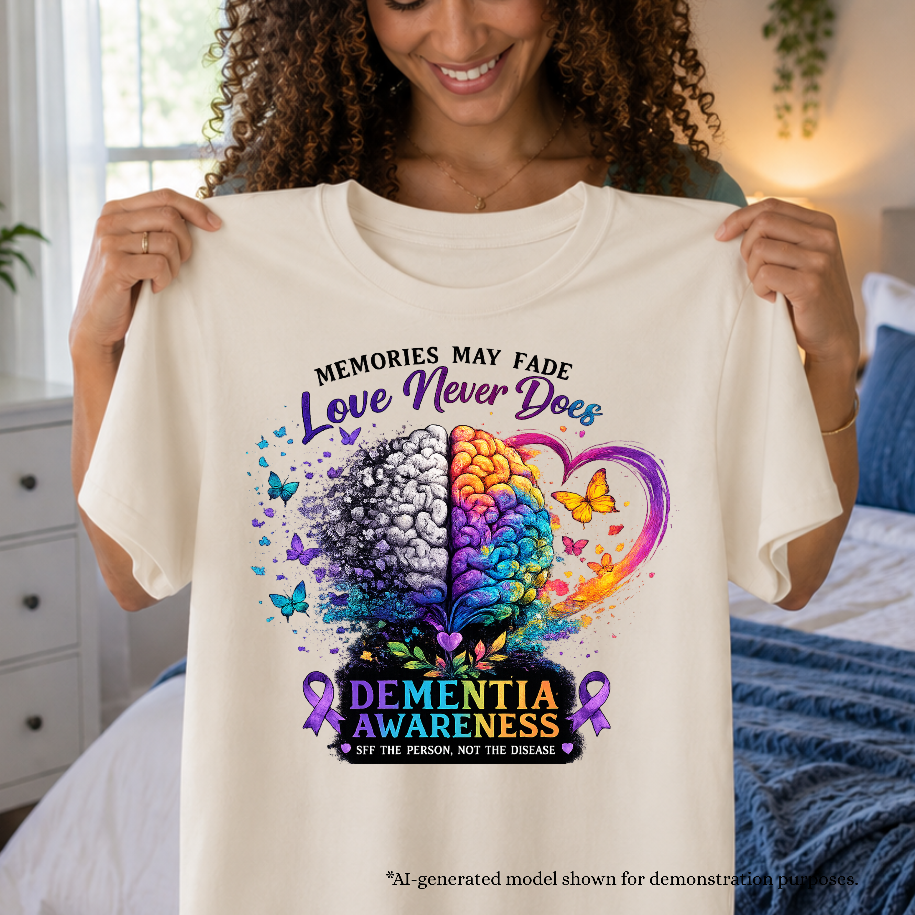 Dementia Awareness Shirt | Memories May Fade, Love Never Does | Caregiver Support Tee | Purple Ribbon Brain Art