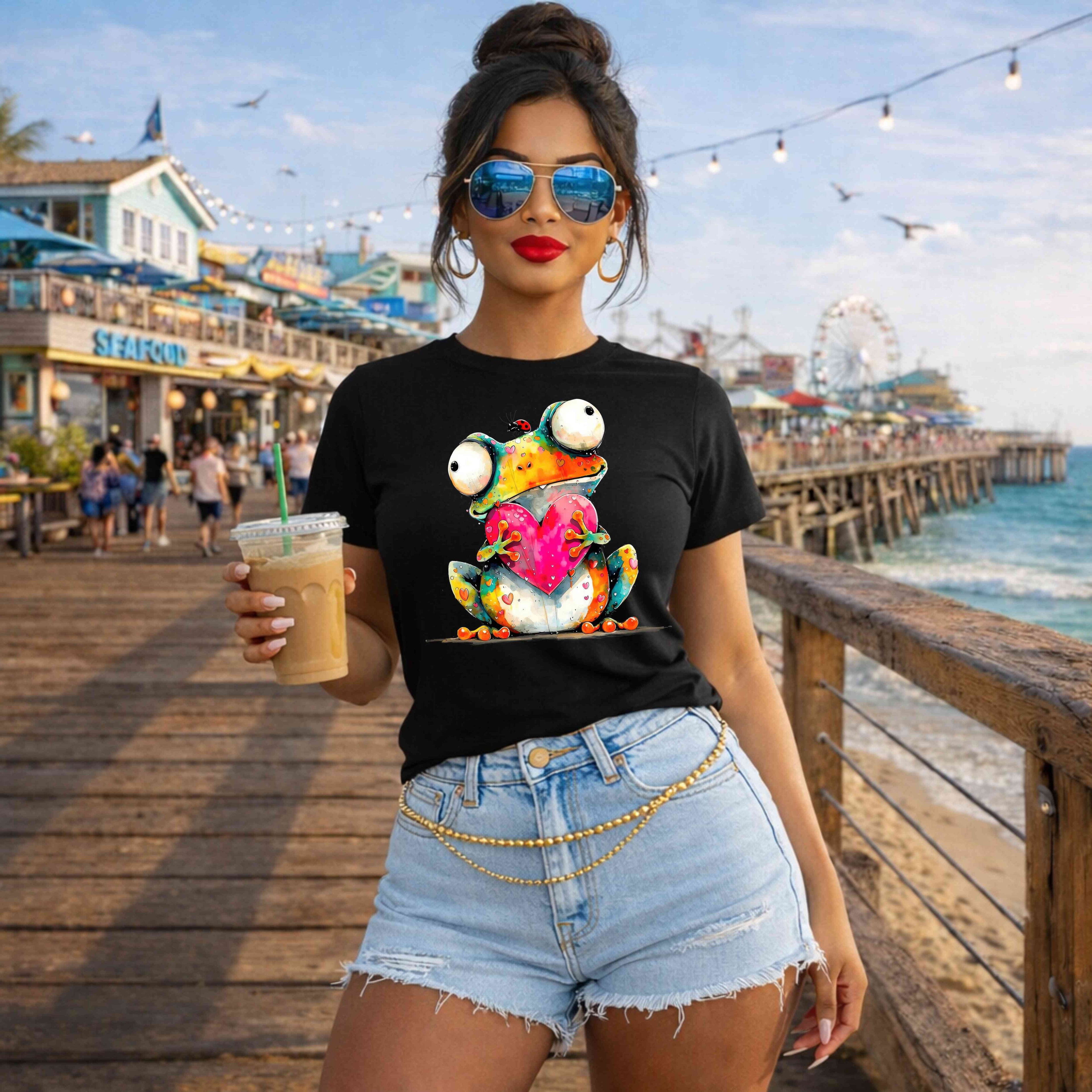 Whimsical Frog Holding Heart T-Shirt | Cute Watercolor Frog Graphic Tee | Frog Lover Shirt Graphic Frog Tee