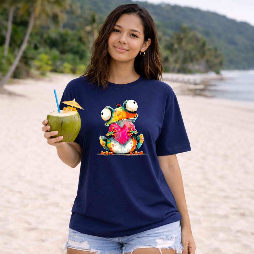Whimsical Frog Holding Heart T-Shirt | Cute Watercolor Frog Graphic Tee | Frog Lover Shirt Graphic Frog Tee