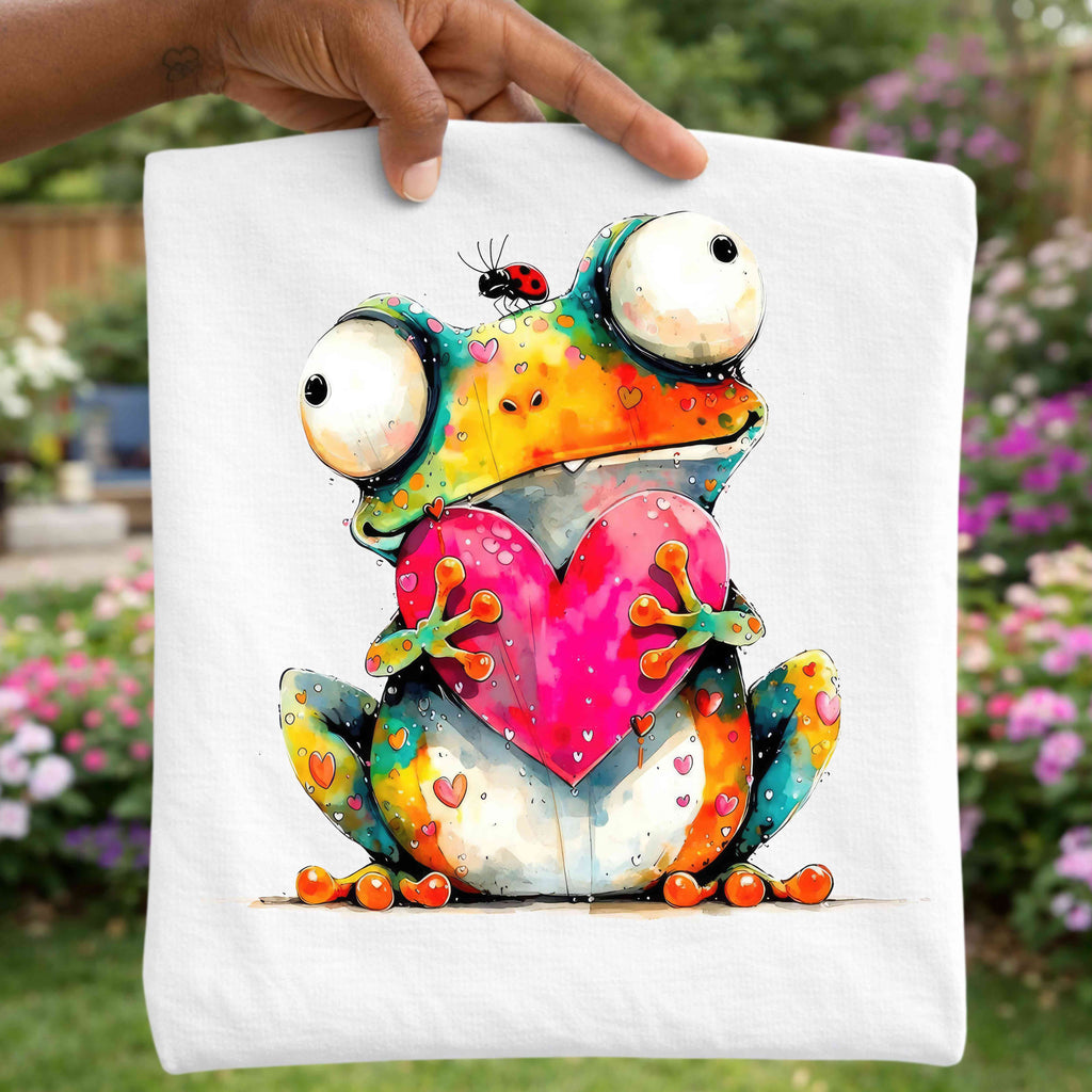 Whimsical Frog Holding Heart T-Shirt | Cute Watercolor Frog Graphic Tee | Frog Lover Shirt Graphic Frog Tee