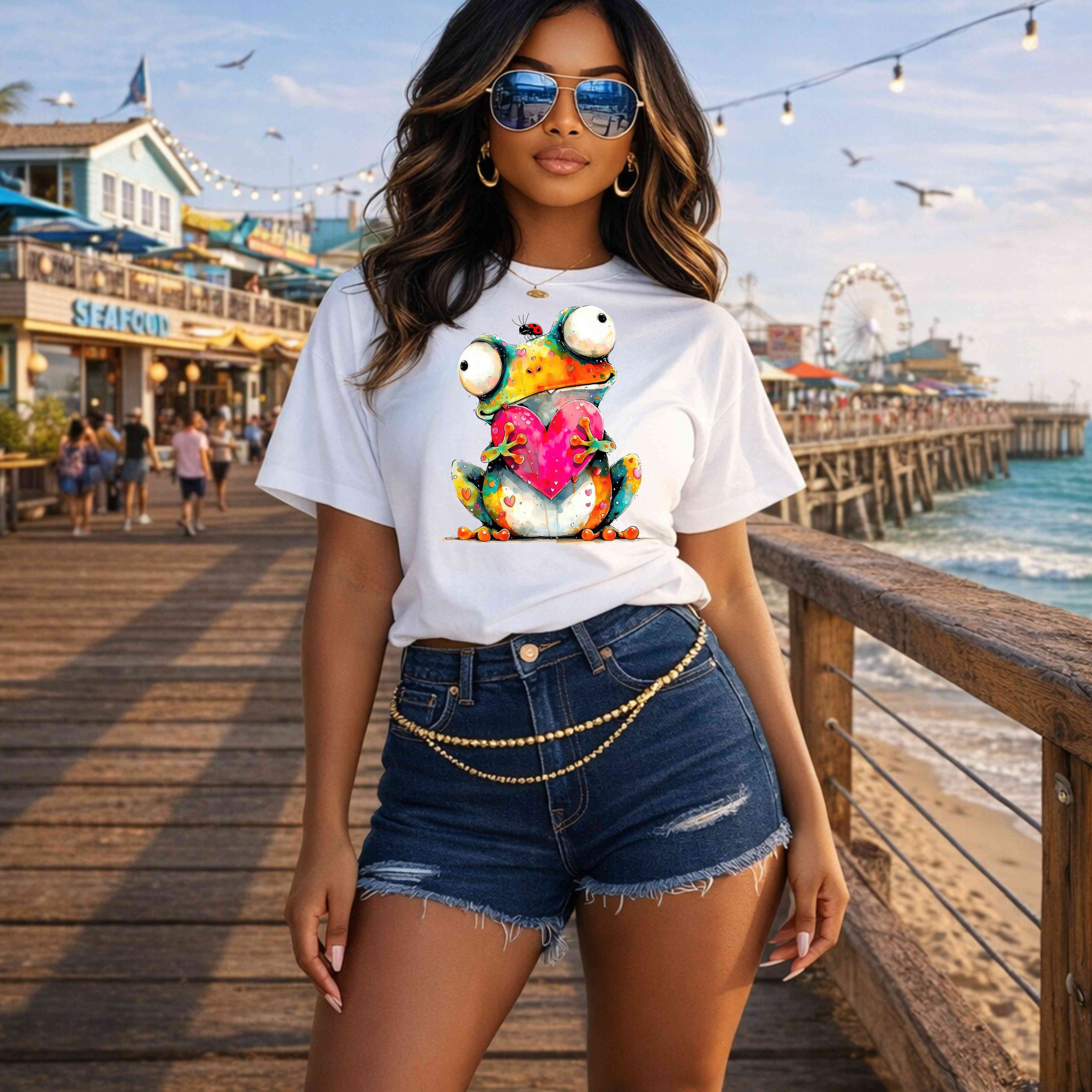 Whimsical Frog Holding Heart T-Shirt | Cute Watercolor Frog Graphic Tee | Frog Lover Shirt Graphic Frog Tee