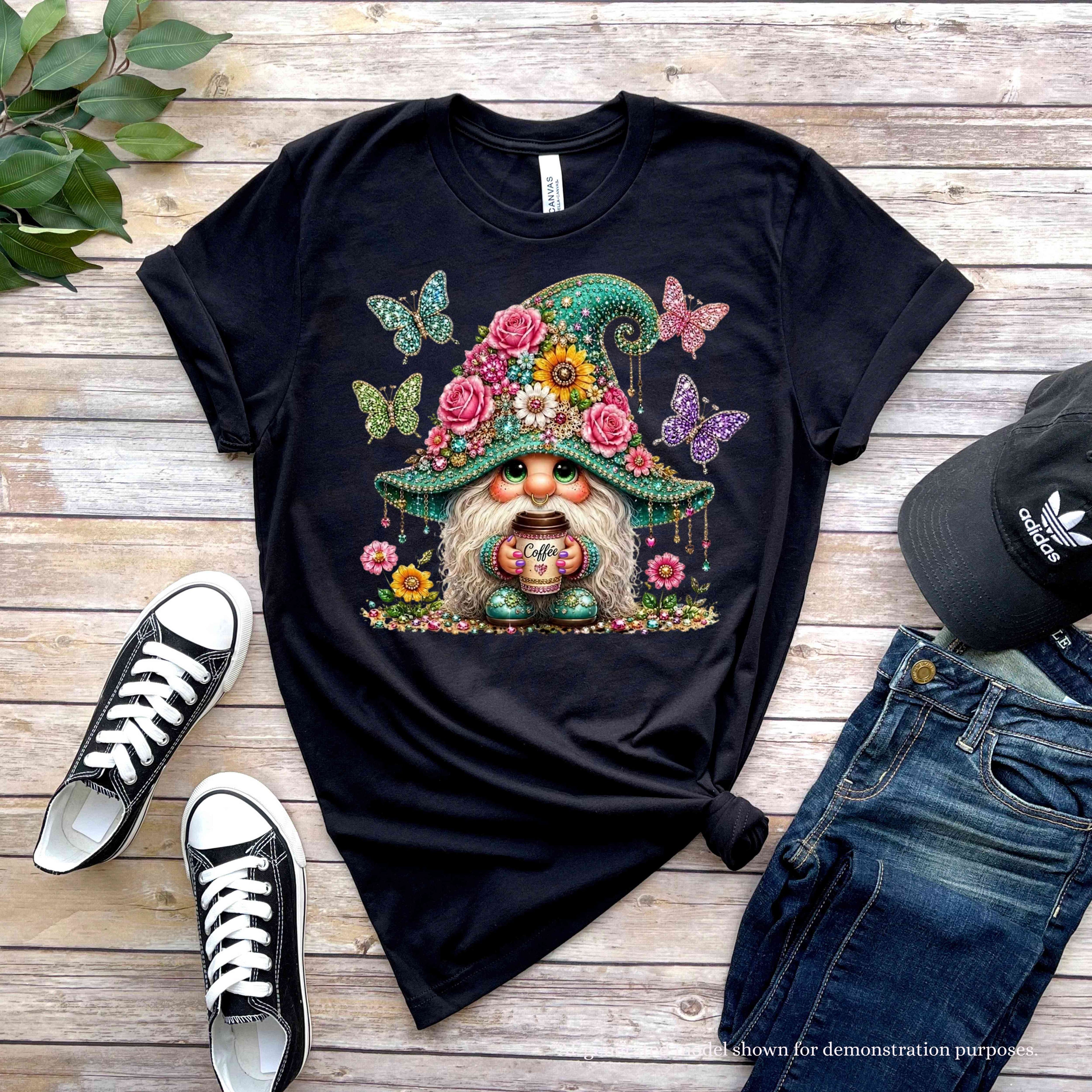Whimsical Floral Coffee Gnome T-Shirt | Cute Coffee Lover Tee | Spring Cottagecore Shirt | Botanical Gnome Graphic Tee