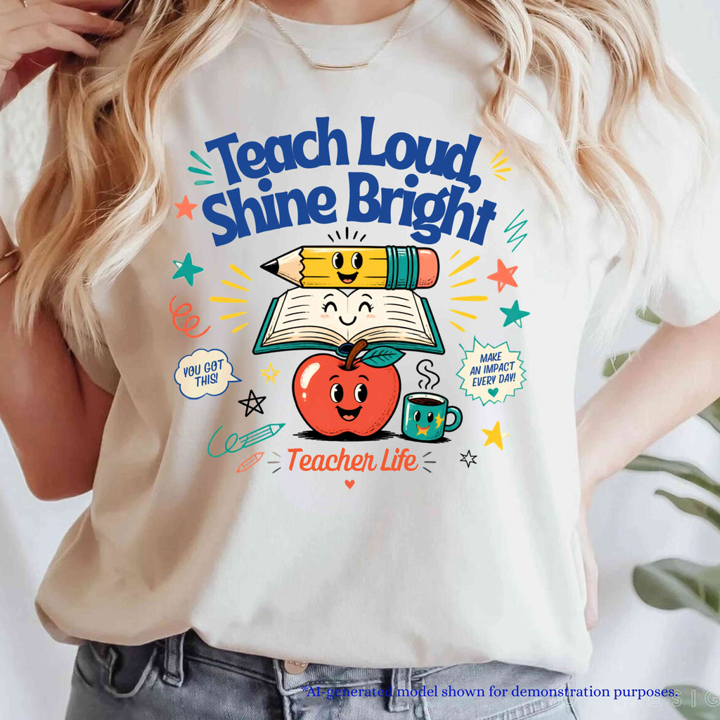 Teach Loud, Shine Bright Teacher T-Shirt | Cute Teacher Graphic Tee | Back to School Shirt | Teacher Life Tee | Elementary Teacher Gift