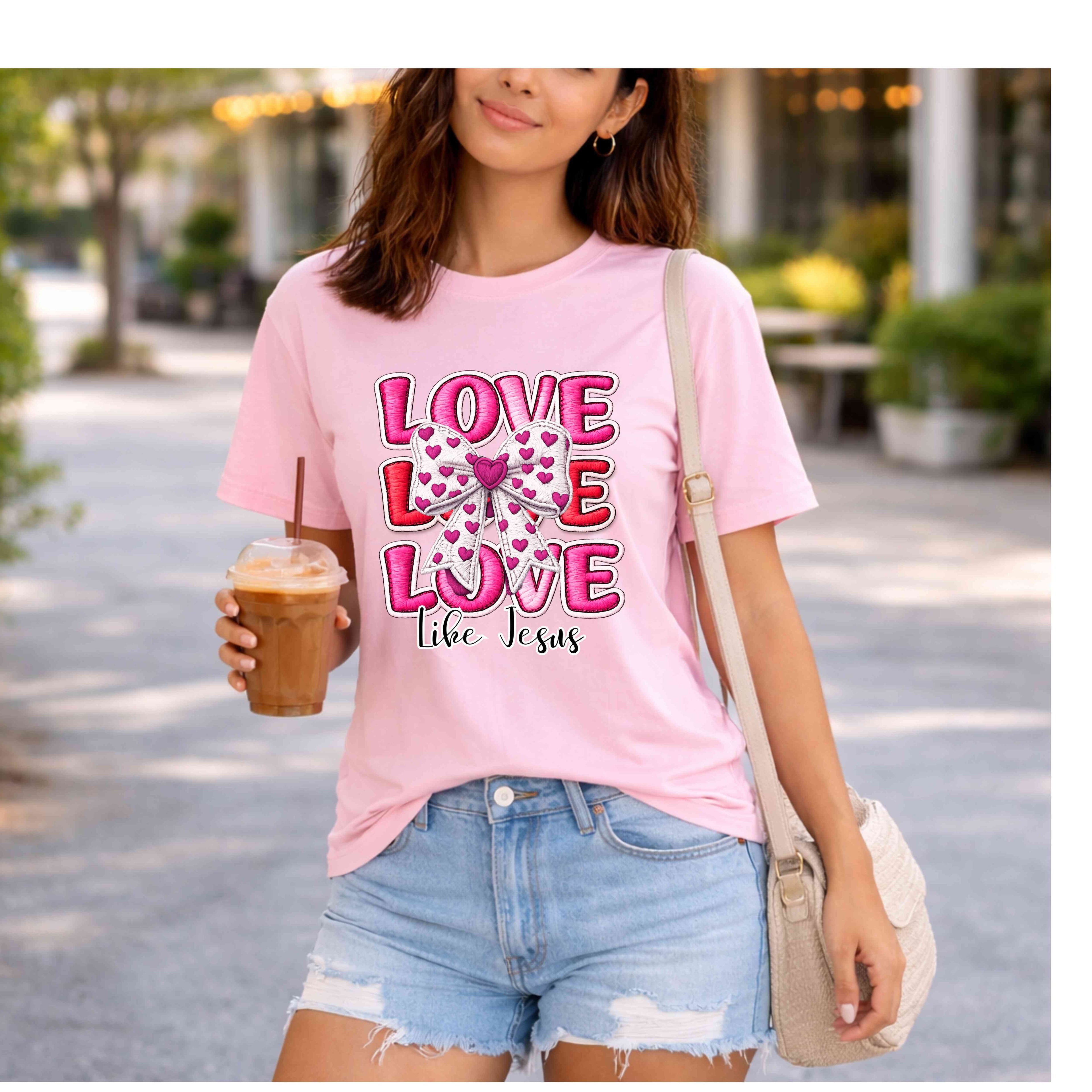 Love Like Jesus T-Shirt | Christian Coquette Bow Tee | Faith-Based Inspirational Shirt | Cute Religious Graphic Tee