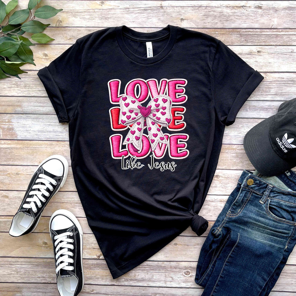 Love Like Jesus T-Shirt | Christian Coquette Bow Tee | Faith-Based Inspirational Shirt | Cute Religious Graphic Tee