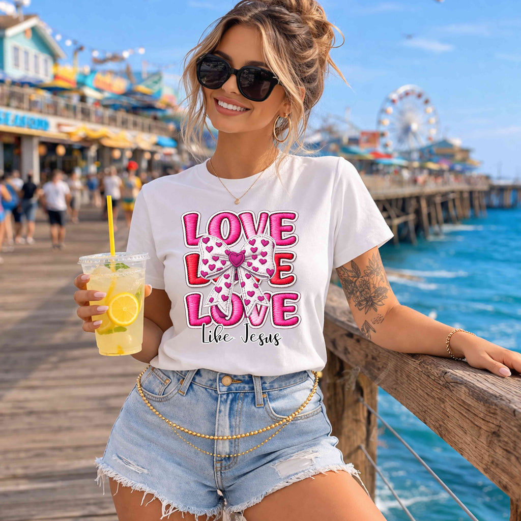Love Like Jesus T-Shirt | Christian Coquette Bow Tee | Faith-Based Inspirational Shirt | Cute Religious Graphic Tee