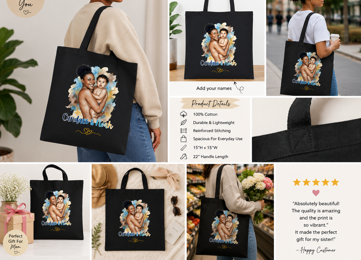 Custom Mom & Baby Tote Bag – Personalized Port Authority Core Cotton Tote | Mother’s Day Gift | Custom Name Bag
