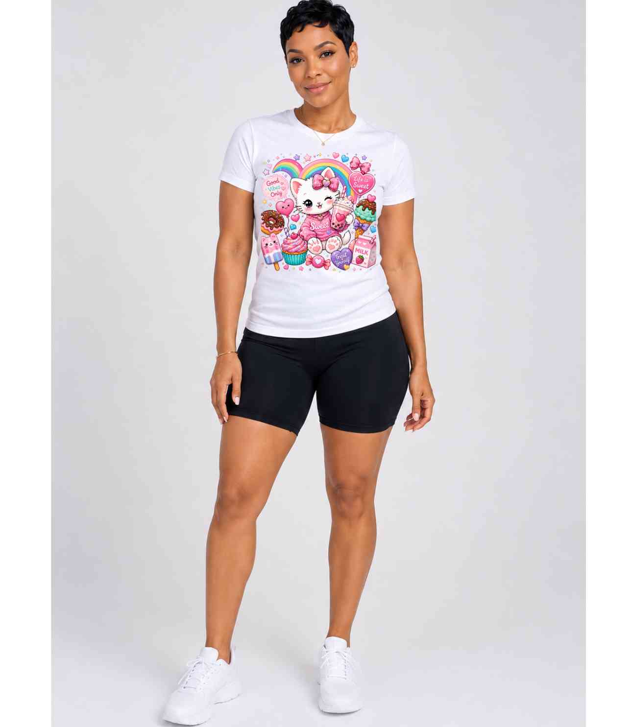 Sweet Kitty Treats Tee | Kawaii Cat Graphic Shirt | Cute Pastel Rainbow Bubble Tea T-Shirt | Girly Aesthetic Gift