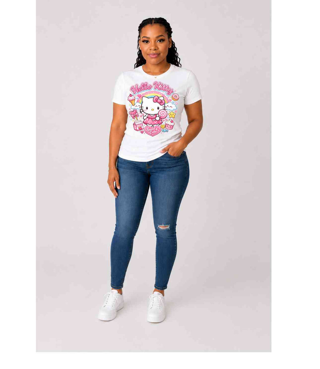 Hello Kitty Sweet & Cute Graphic T-Shirt | Kawaii Pink Rainbow Tee | Cute Cartoon Aesthetic Shirt for Women & Girls