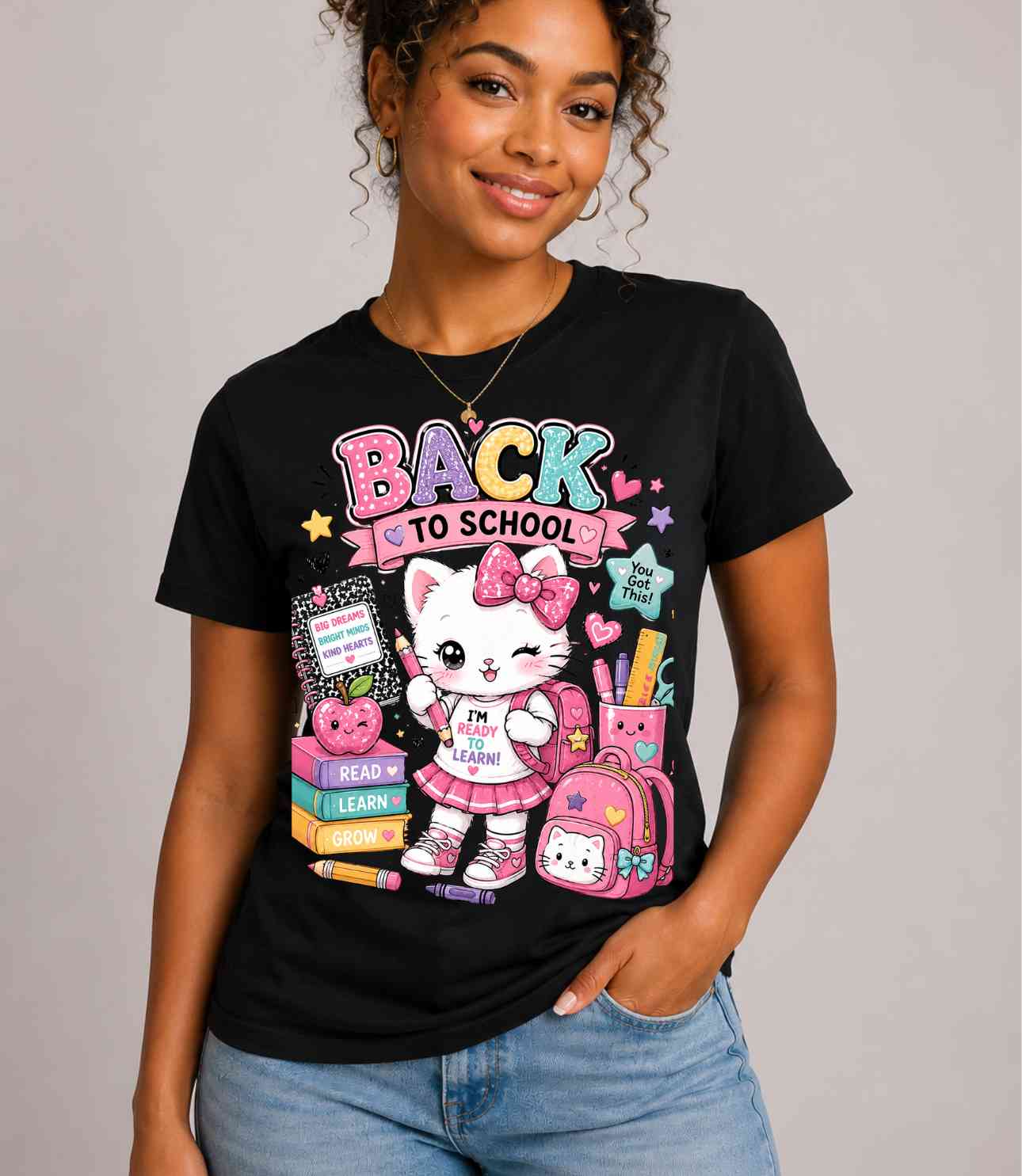 Back to School Kawaii Kitty Graphic Tee | Cute Teacher & Student Shirt | Pink School Cat T-Shirt | First Day of School Gift