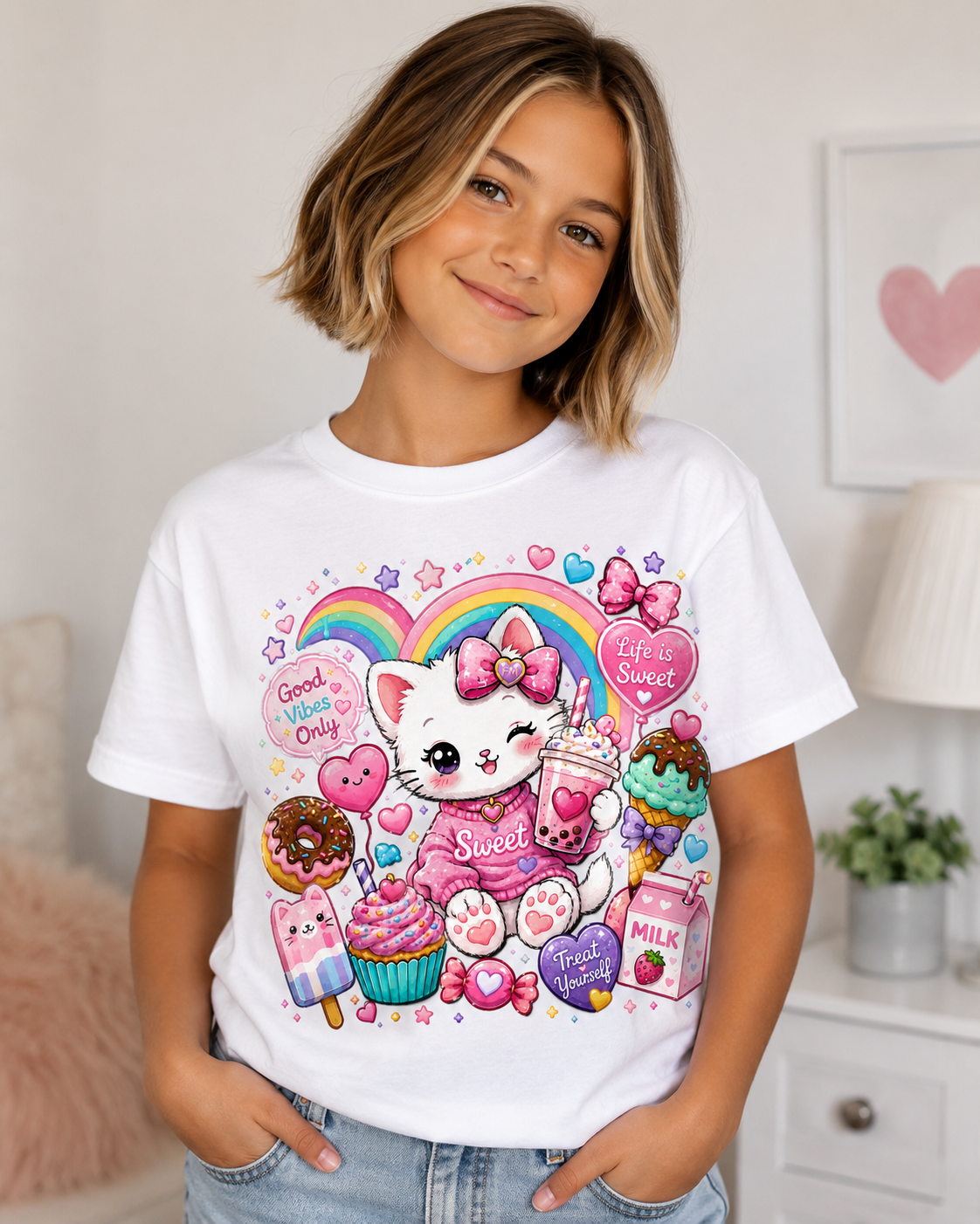 Sweet Kitty Youth Graphic Tee | Cute Kawaii Cat Shirt | Colorful Kids T-Shirt | Favor Mode Original