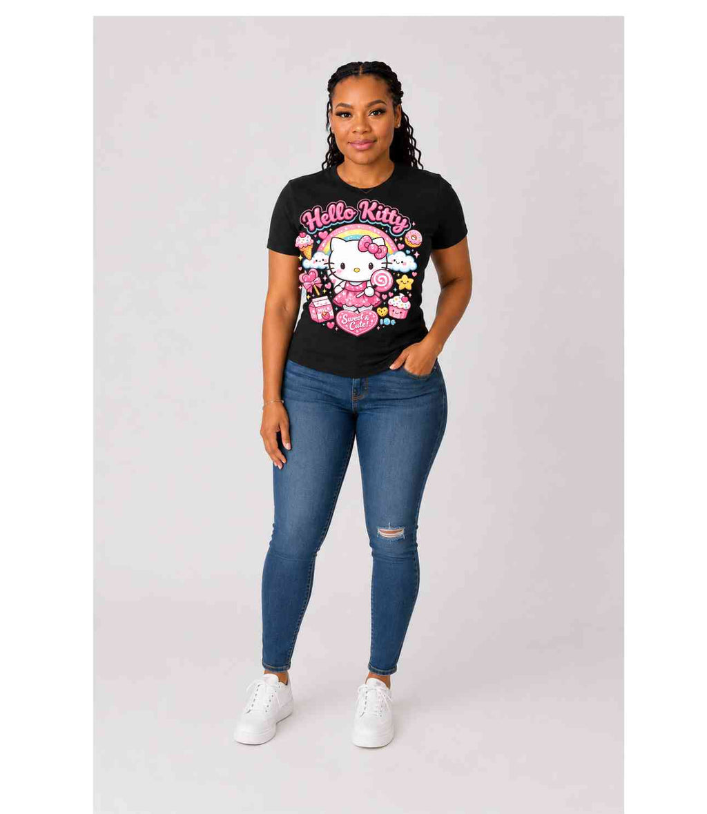 Hello Kitty Sweet & Cute Graphic T-Shirt | Kawaii Pink Rainbow Tee | Cute Cartoon Aesthetic Shirt for Women & Girls