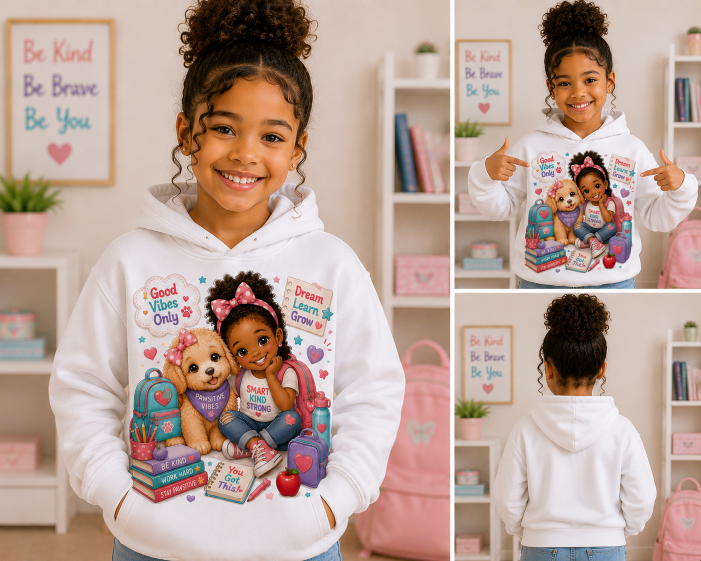 Back to School Best Friends Premium Fleece Hoodie | Little Girl & Puppy | Cozy Kawaii School Hoodie | Youth Hoodie